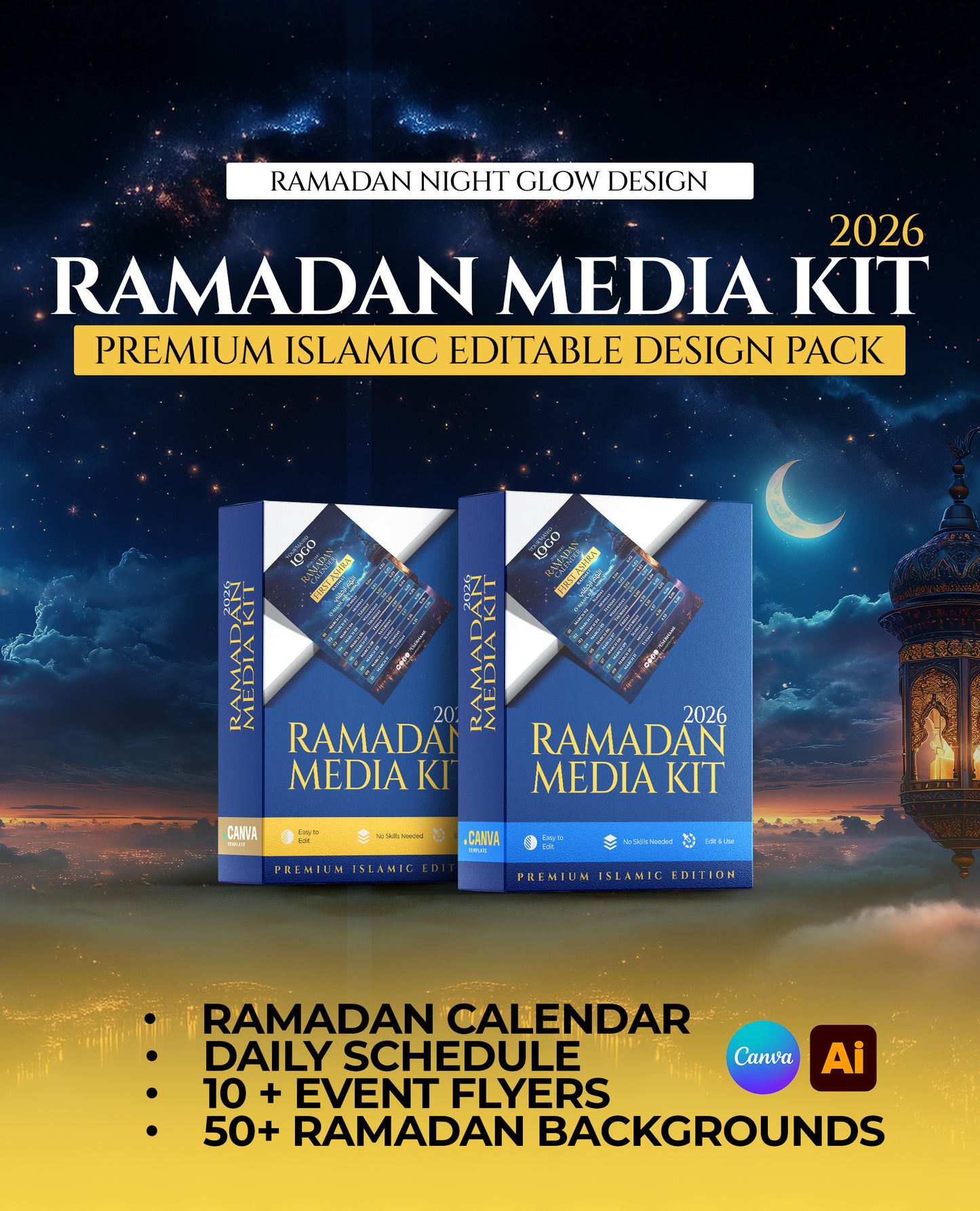 Ramadan Media Kit |  Ramadan Calendar & Daily Schedule | Premium Designs | Editable Canva Design Pack
